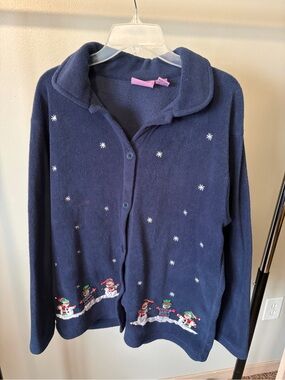 Vintage Premier Navy Blue Holiday Snowman Button-Front Cardigan